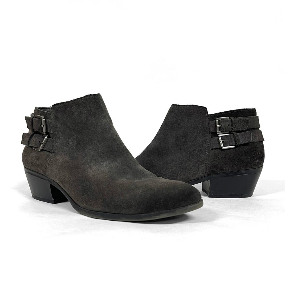 Sam Edelman Petal Booties Sz 8.5 Dark Gray Suede Short Boot Side Zipper Low Heel